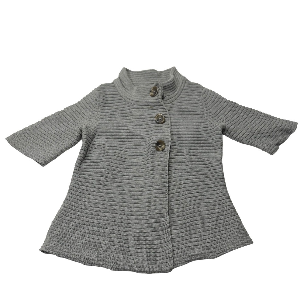Tribal Sweater Womens Large Mock Neck Cardigan Gray Cotton Ribbed Short Sleeve